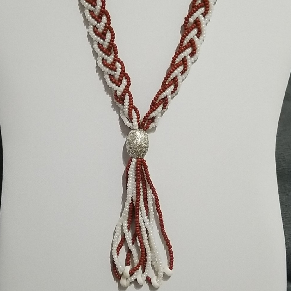 Long Braided Red and White Beaded Necklace